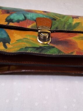 Floral Multicolor Leather Crossbody Or Clutch with Gold Tone Hardware